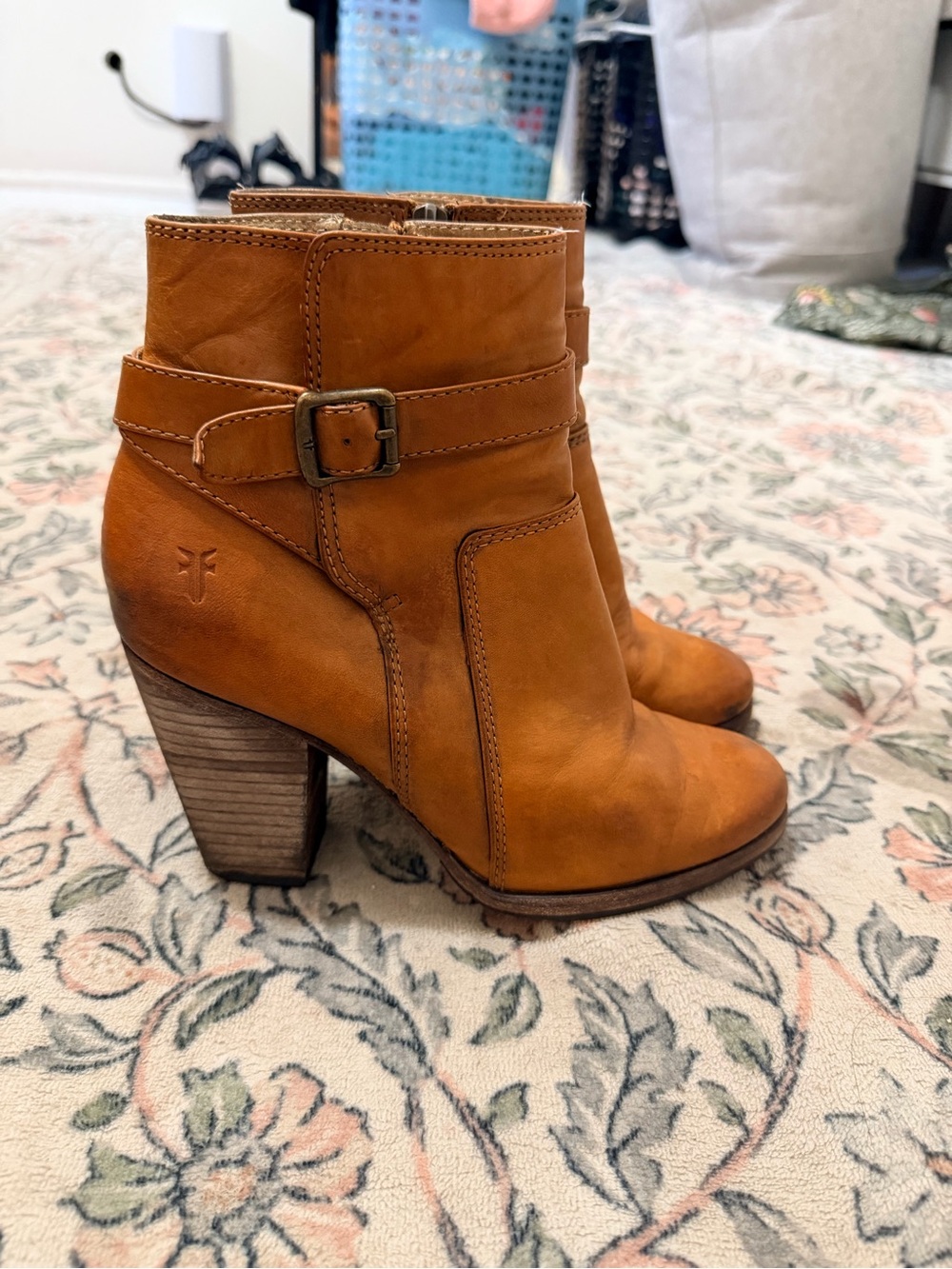 Frye Cognac Leather Buckle Ankle Booties